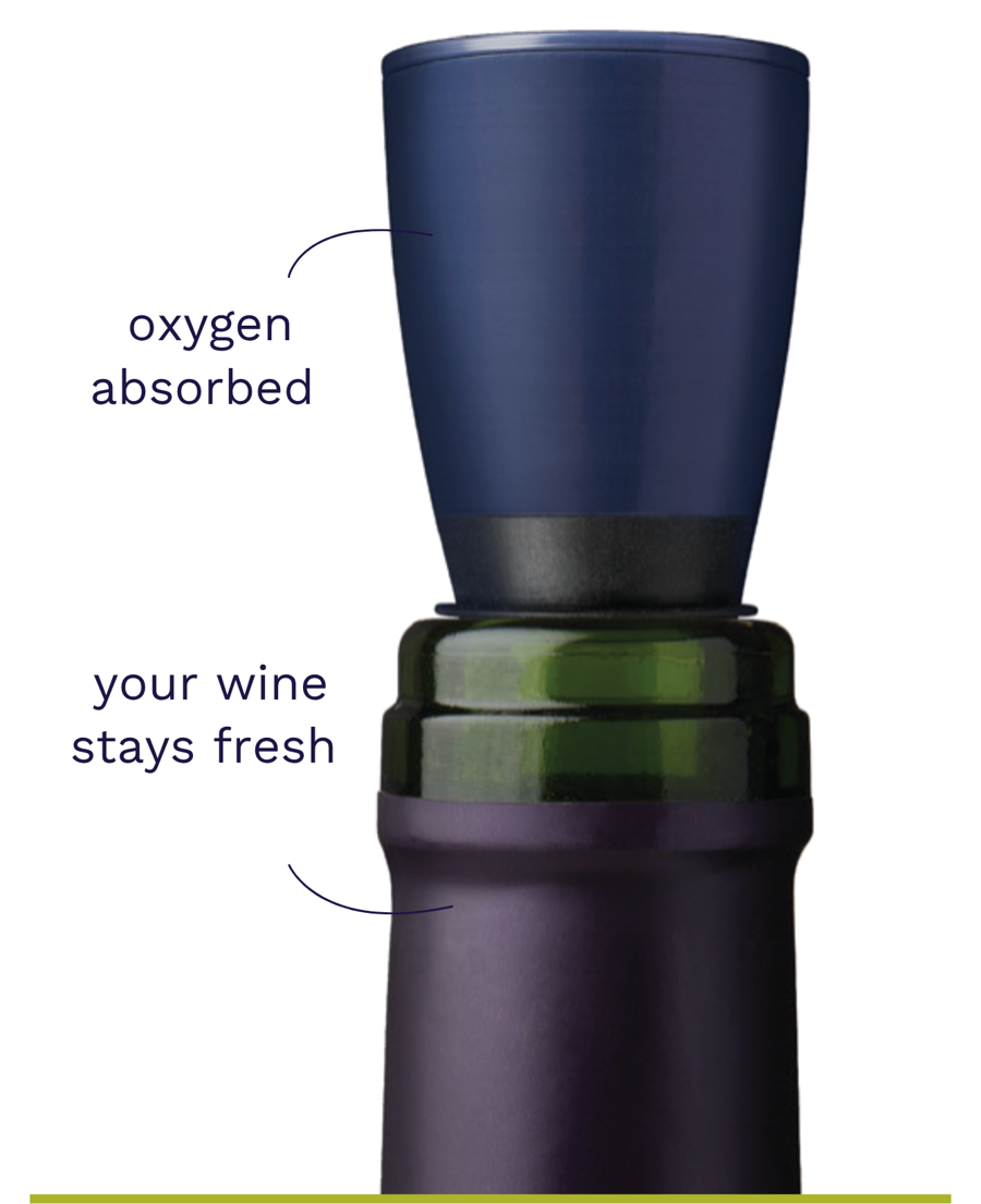 A Repour wine saver in an open bottle: oxygen absorbed above, your wine stays fresh below